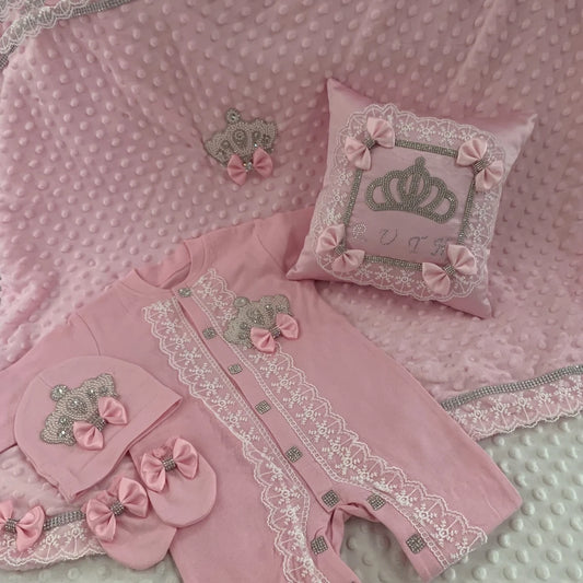 5pcs Baby Girl Outfits Set Welcome Home Hosptial Infant Receiving Blanket Pillow Bed Hat Mittens Romper Set