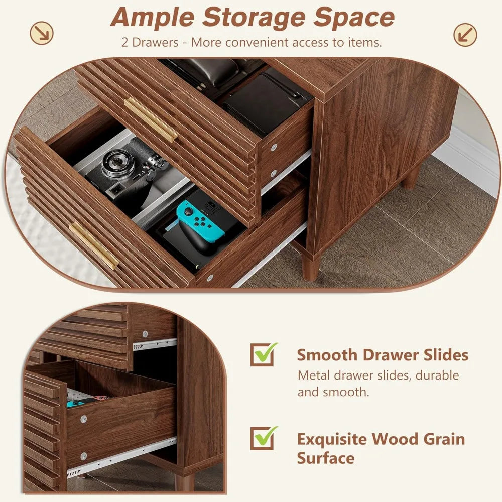 Night Stands with Charging Station, Mid Century Modern Nightstand, Fluted Bedside Table with Drawer, End Table Bed Side Tables