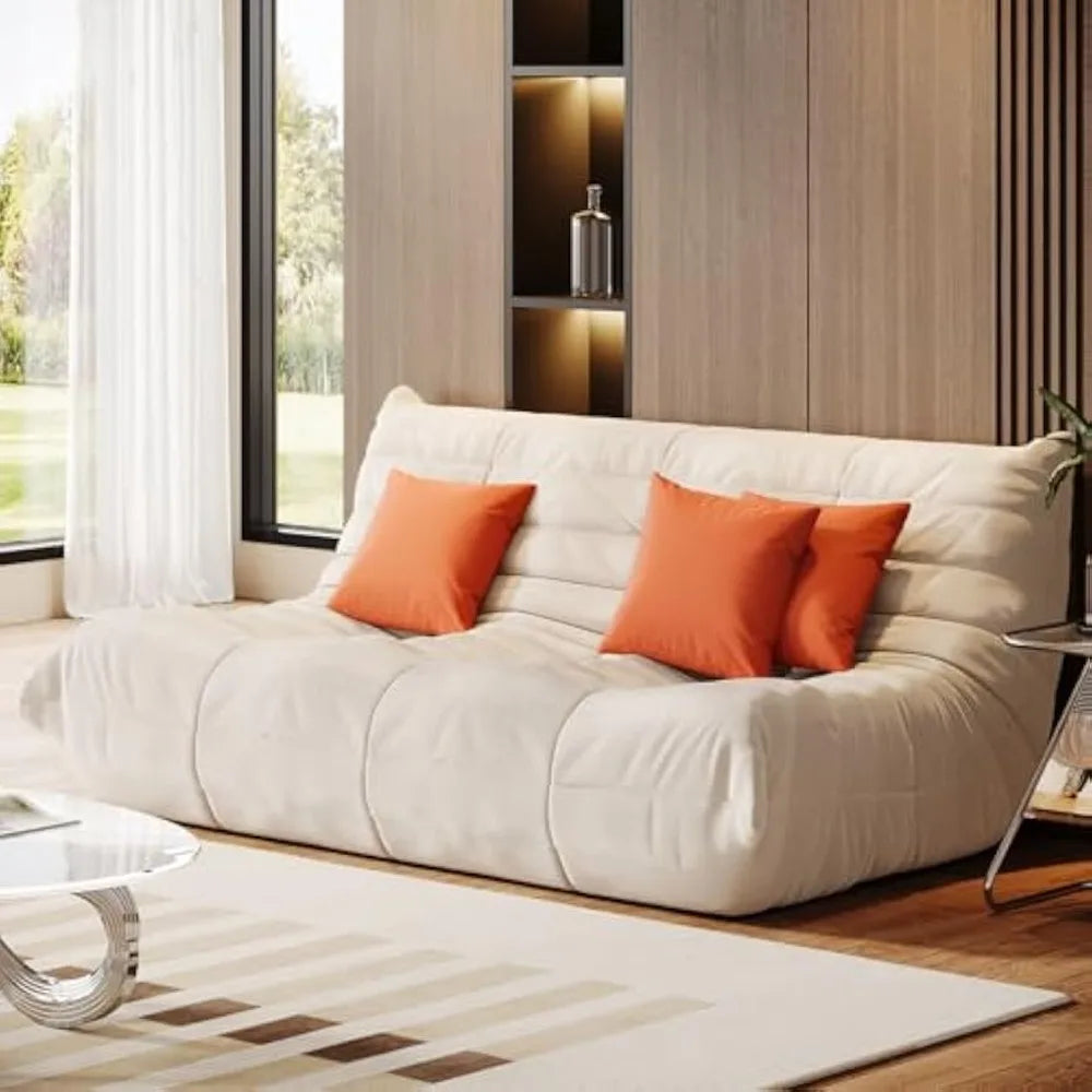 Modern Lazy Floor Togo Sofa, with 3 Pillows, Beige High-density Foam Giant Bean Bag Sofa, Armless 3-seat Comfortable Sofa