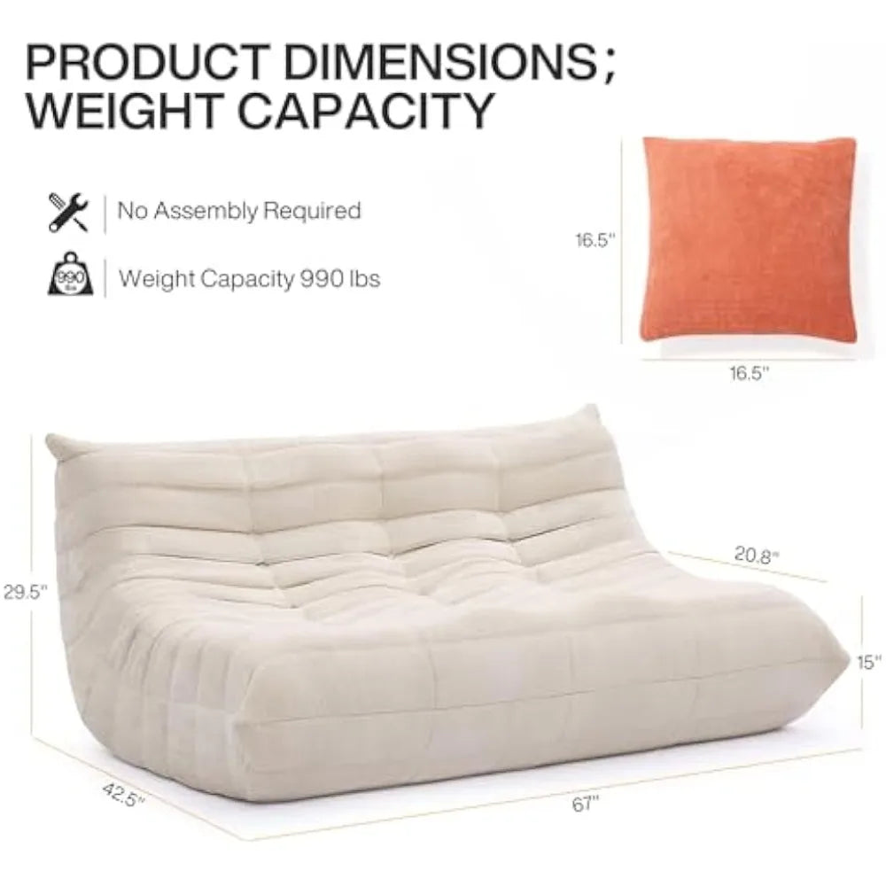 Modern Lazy Floor Togo Sofa, with 3 Pillows, Beige High-density Foam Giant Bean Bag Sofa, Armless 3-seat Comfortable Sofa