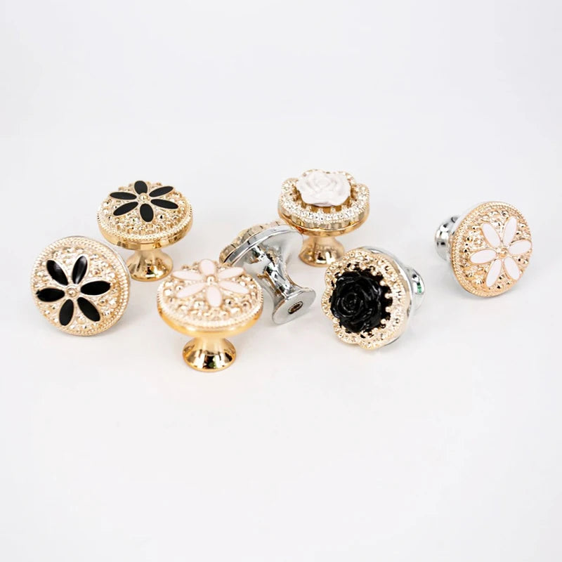 New European Single Hole Handle Gold Luxury Flower Pattern Furniture Cabinet Knobs For Home Wardrobe Door Handles Hardware - LUXHOME