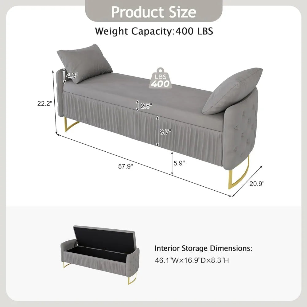 2 Pieces King Bedroom Sets, King Size Ruched and Button Tufted Velvet Upholstered Bed Frame and Storage Ottoman Bench