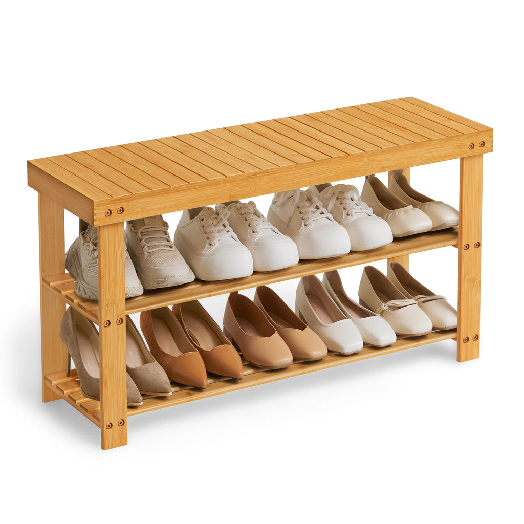 SONGMICS Shoe Rack Bench, 3-Tier Bamboo Shoe Storage Organizer, Entryway Bench, Holds Up to 286 lb, 11.3 x 35.4 x 17.8 Inches