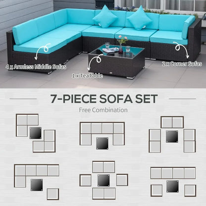 7-Piece Patio Furniture Sets Outdoor Wicker Sets All Weather PE Rattan Sectional Sofa Set with Cushions & Tempered Glass Desktop