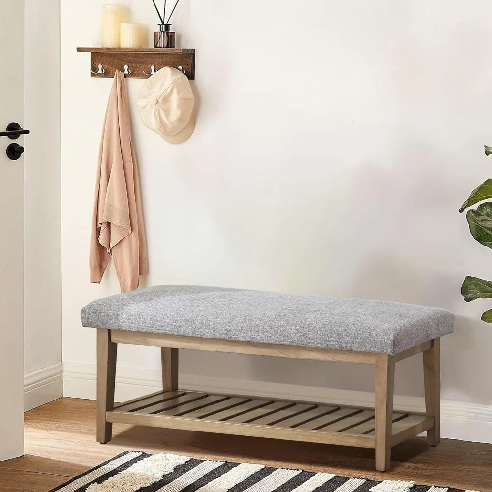 Entryway Bench, End of Bed Bench, Chenille Upholstered Shoe Bench for Bedroom, Ottoman Bench with Solid Wood Shelf,Storage Bench