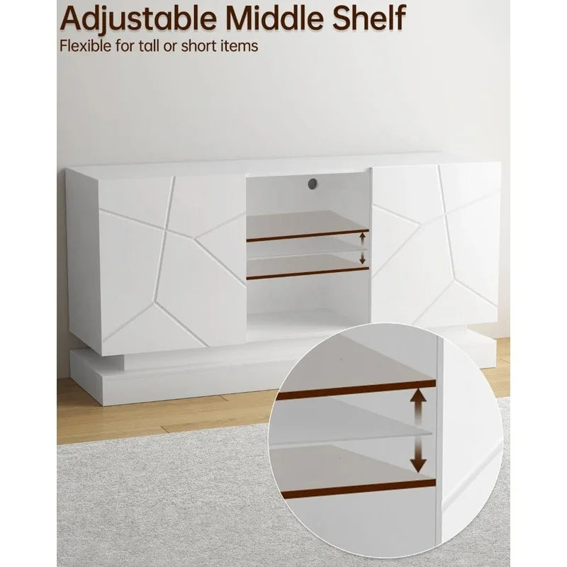 Contemporary TV Stand with LED Lights, Storage Cabinets, and Adjustable Glass Shelves