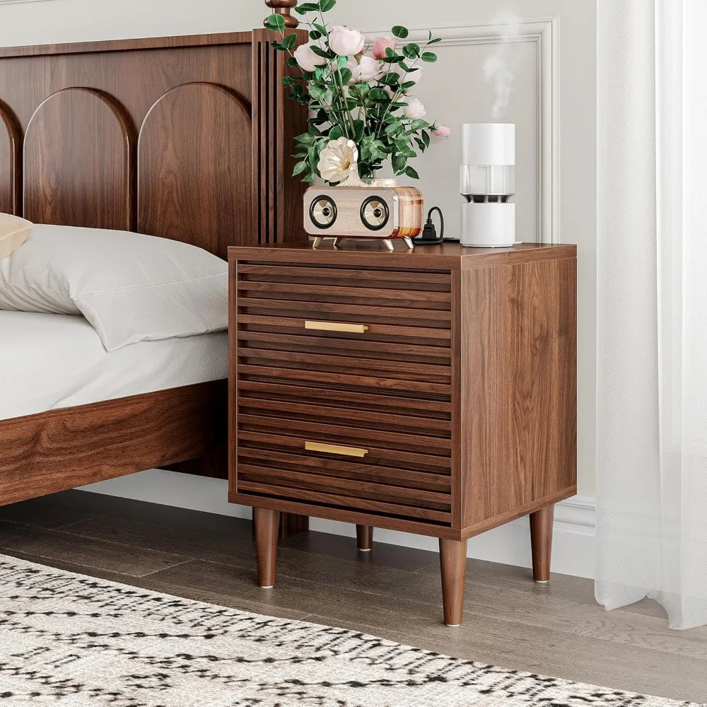 Night Stands with Charging Station, Mid Century Modern Nightstand, Fluted Bedside Table with Drawer, End Table Bed Side Tables