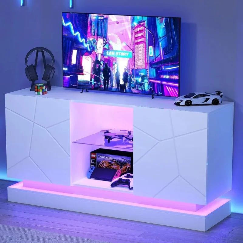 Contemporary TV Stand with LED Lights, Storage Cabinets, and Adjustable Glass Shelves