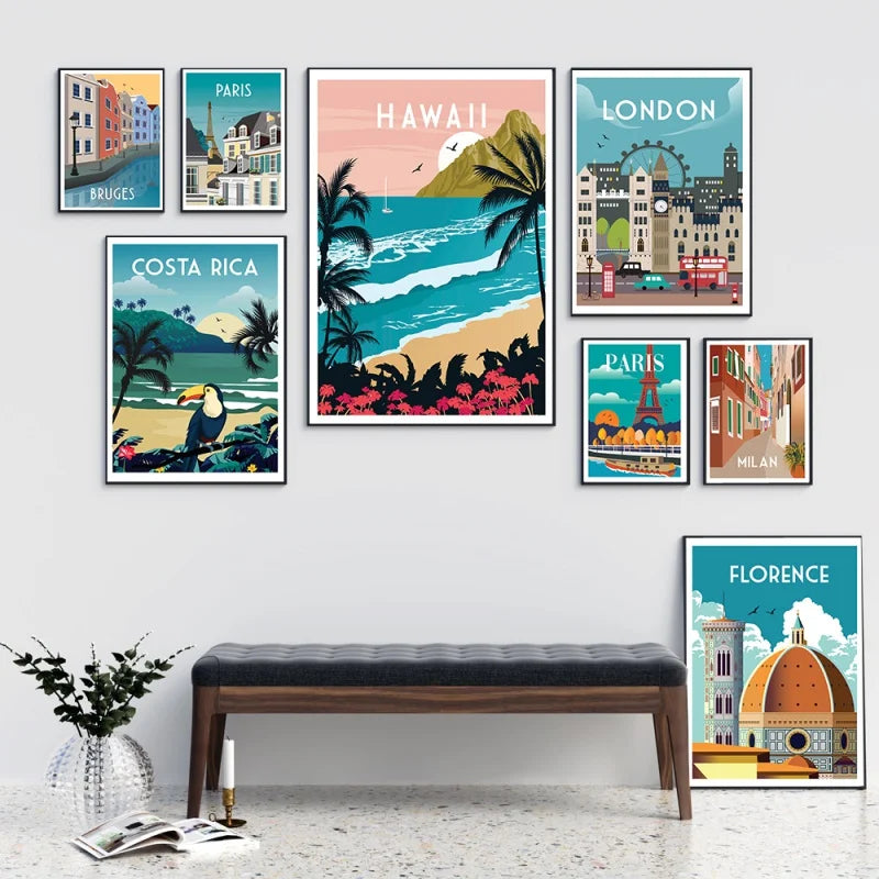 France Paris Florence Hawaii Milan Bruges Famous City Travel Poster Canvas Painting Landscape Wall Art Living Room Home Decor