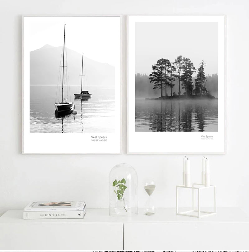 Scandinavian Landscape Canvas  Nordic Style Lake Boat Forest Nature Wall Art Print Painting Decoration Pictures Home Decor