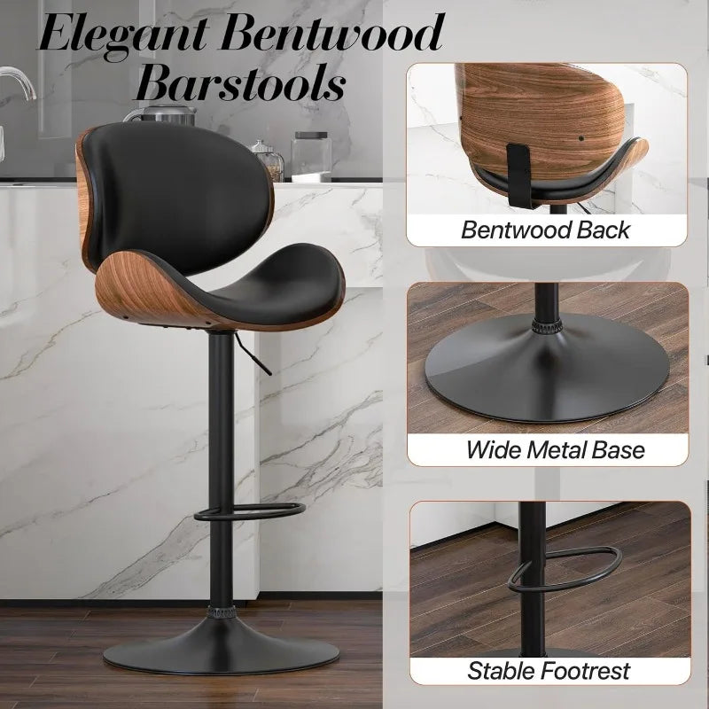 Set of 2, Swivel Adjustable Height Barstools, PU Leather Upholstered Bar Chairs with Footrest, Bentwood Bar Stool for Kitchen