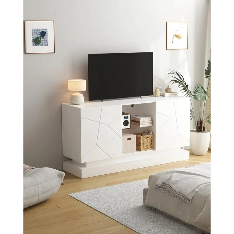 Contemporary TV Stand with LED Lights, Storage Cabinets, and Adjustable Glass Shelves