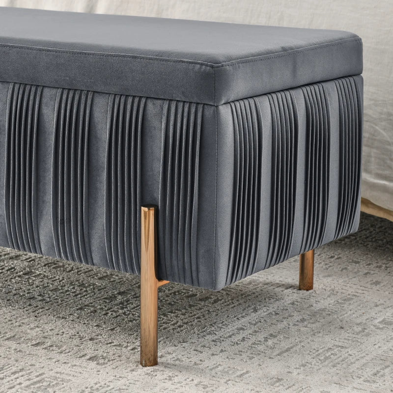 Upholstered Velvet Storage Bench with Cedar Wood Veneer, Large Storage,with Electroplate,for Hallway Living Room Bedroom,Grey.
