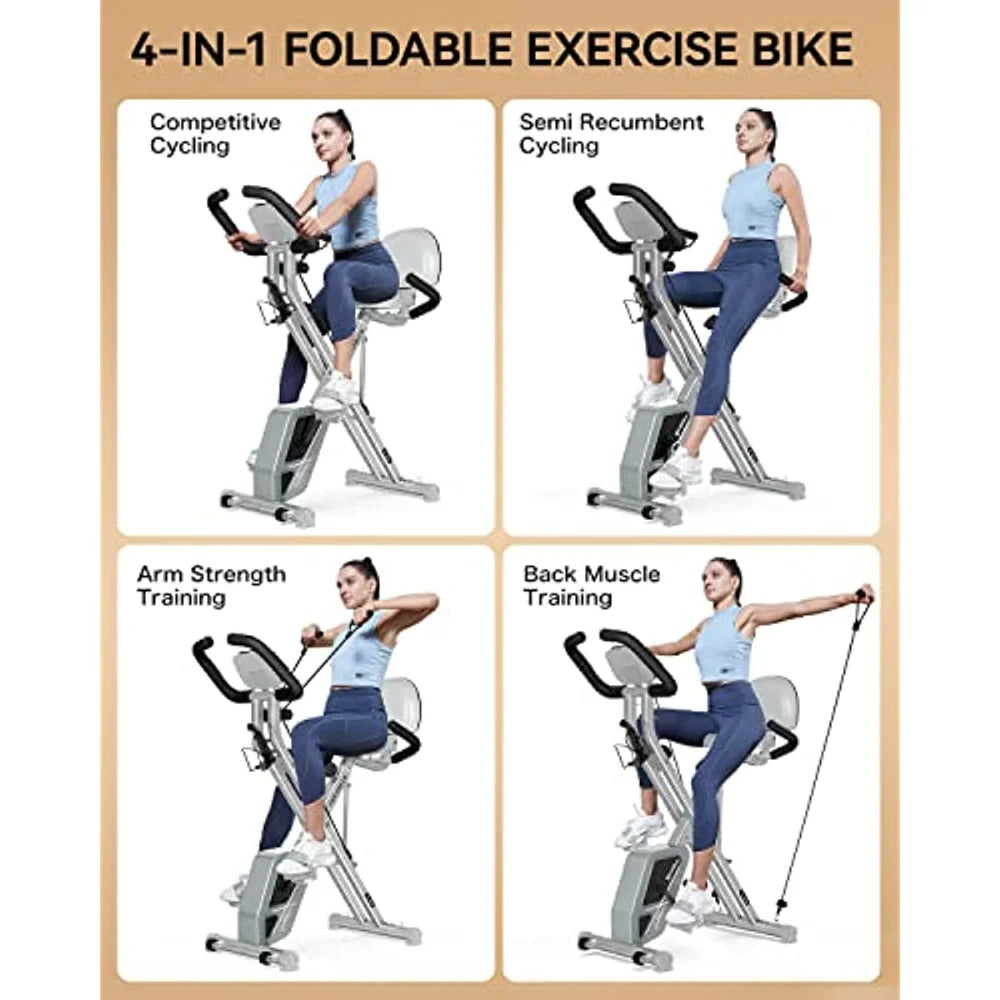 2023 Foldable Fitness Stationary Bike Indoor Cycling Bike 8-Level Adjustable Resistance Bottle Holder & Back Support Cushion