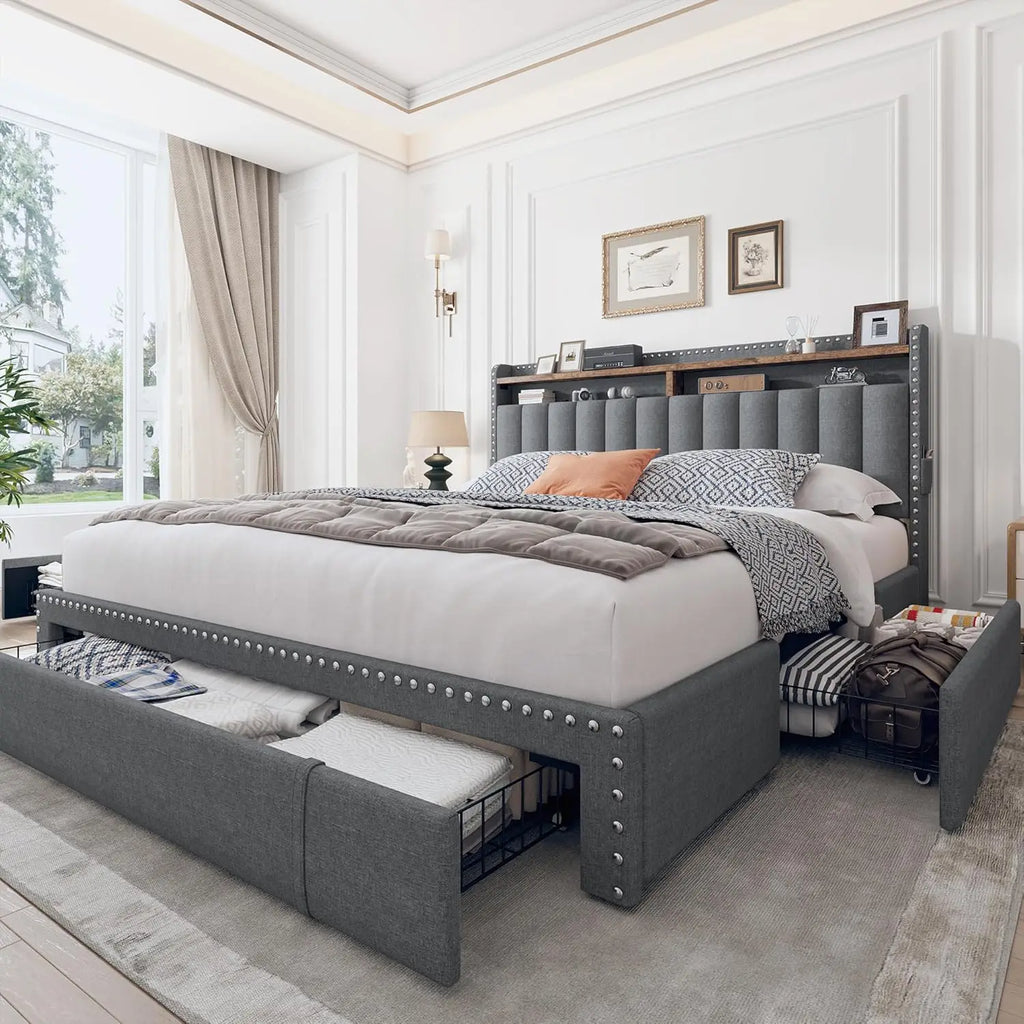 Queen Bed Frame with 3 Drawers Upholstered Bed Frame  Size with Headboard,Size  Frame,  Frame with