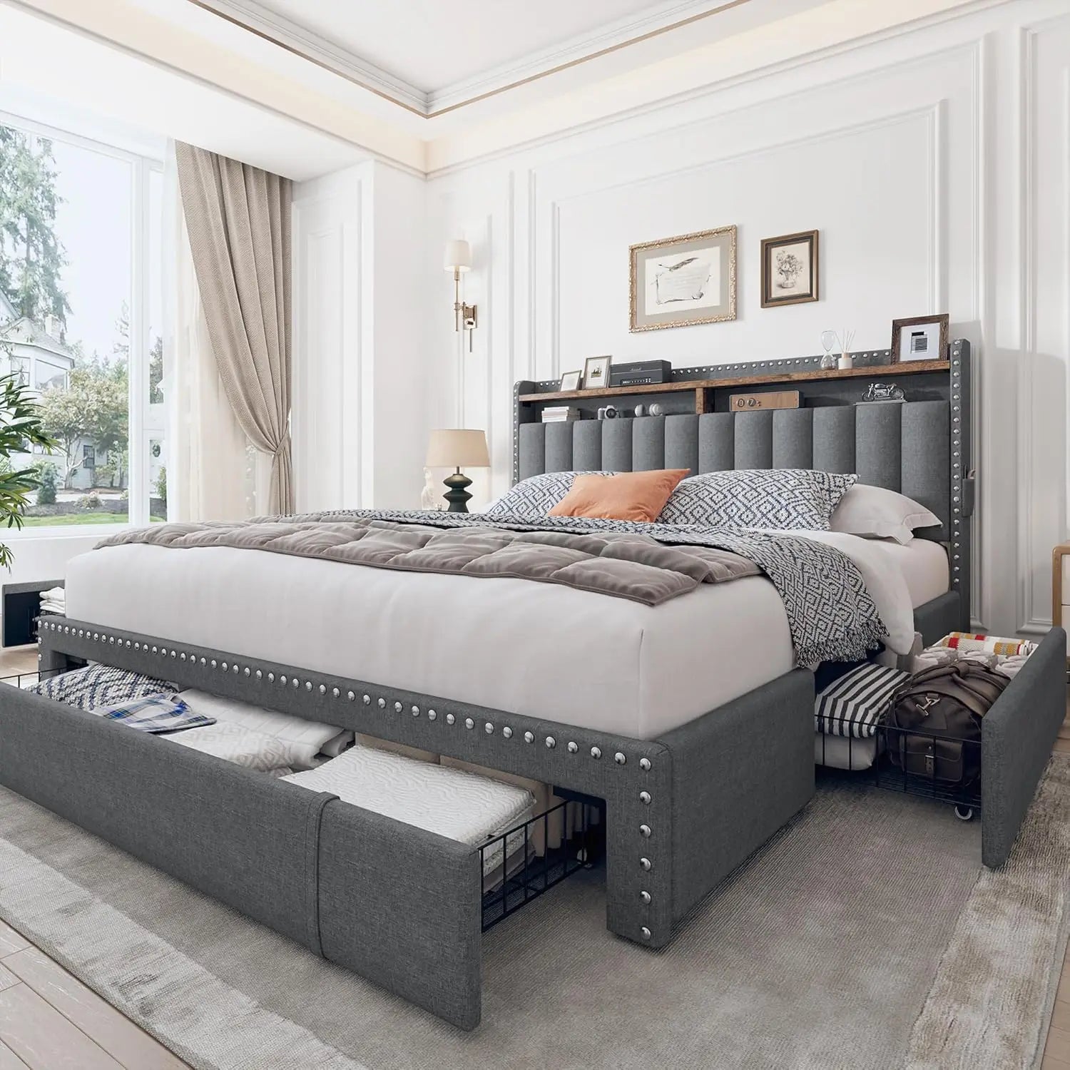 Queen Bed Frame with 3 Drawers Upholstered Bed Frame  Size with Headboard,Size  Frame,  Frame with