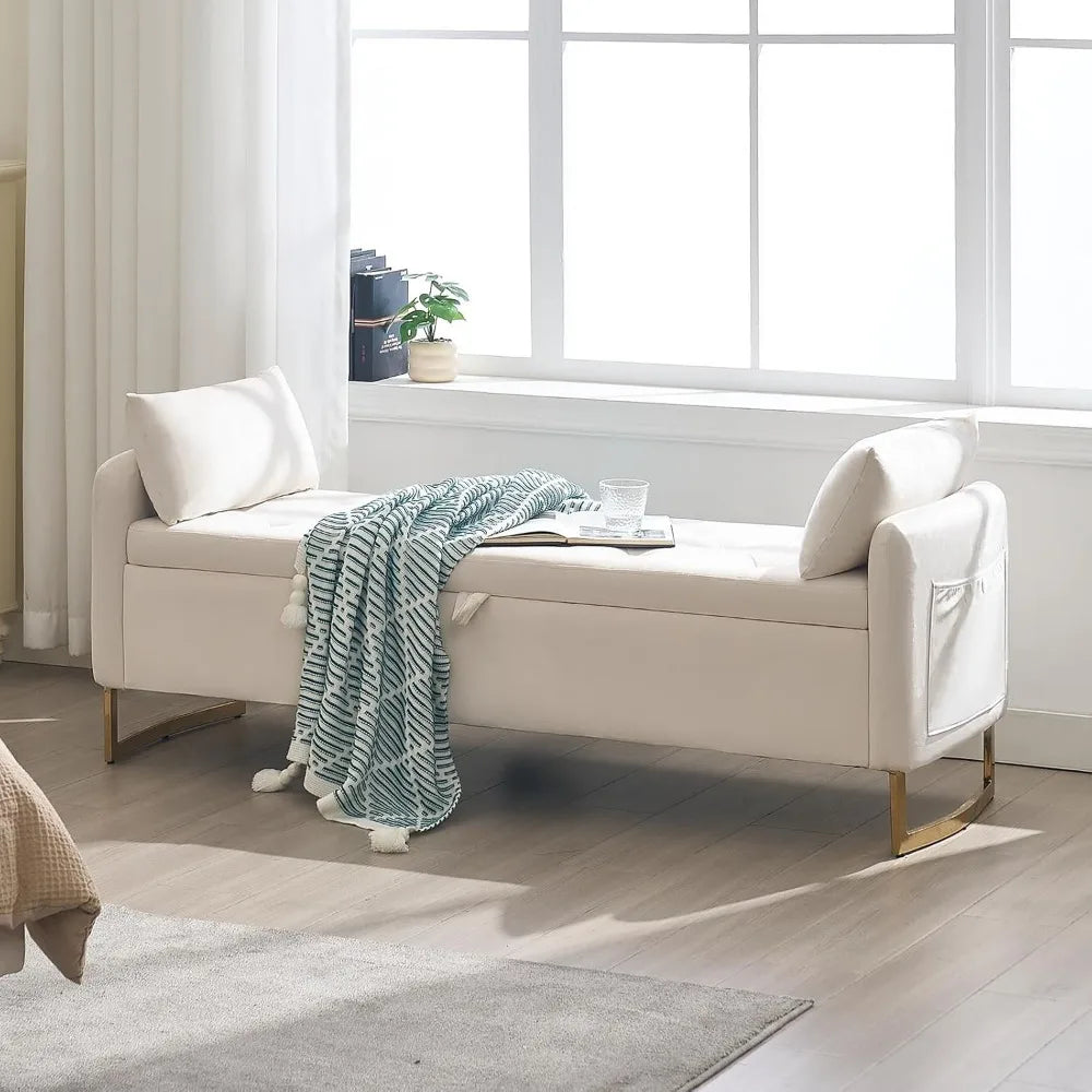 67" Storage Ottoman Bench, End of Bed King Size Bench | Tufted Button Upholstery with Gold Legs for Bedroom, Living Room