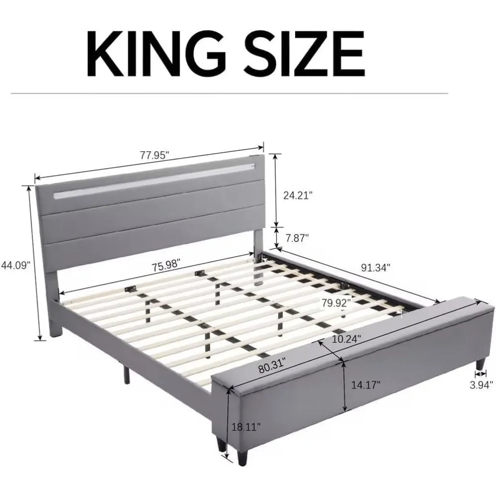King Size Bed Frame with Ottoman Storage and LED Lights