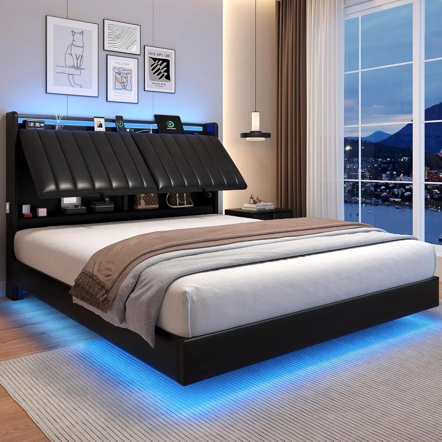 Hidden Storage Headboard and LED Lights, Visual Floating LED Bed Frame with Charing Station, Leather Upholstered Platform Bed,Lo