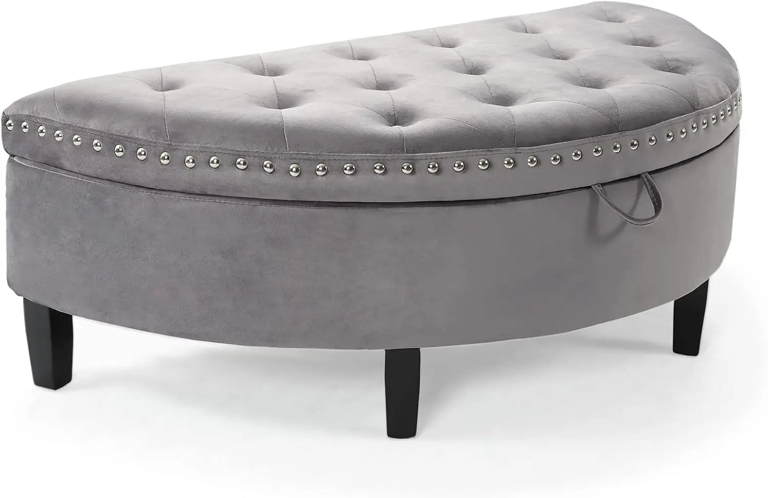 Storage Ottoman Button Tufted Velvet Upholstered Gold Nailhead Trim Espresso Finished Wood Legs Bench Modern Transitional