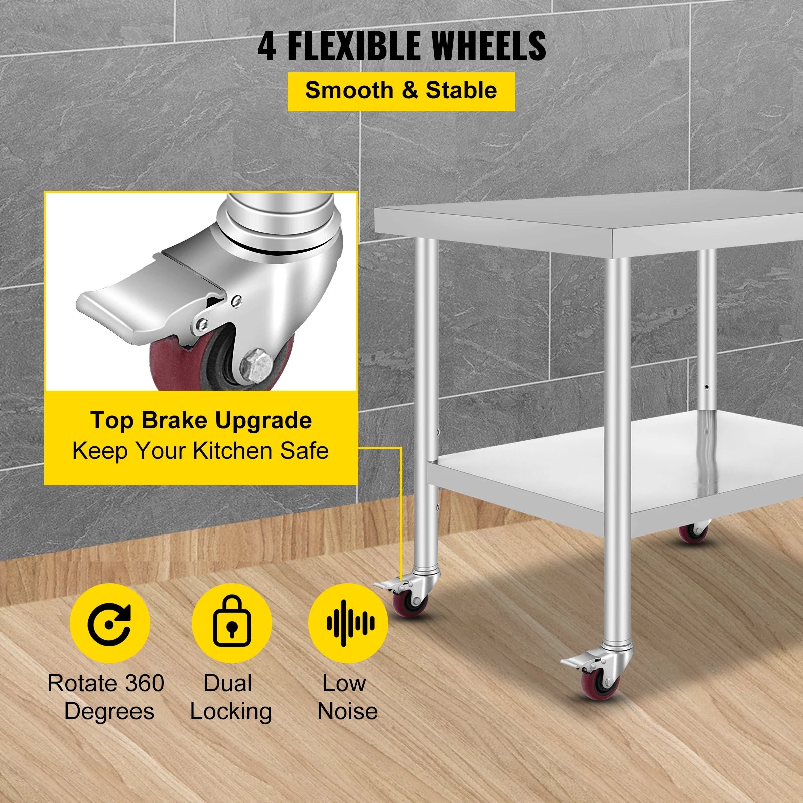 VEVOR Stainless Steel Kitchen Prep Table With 4 Caster Wheels & Backsplash Loads Up to 100KG-300KG for Home Storage Rack Dining