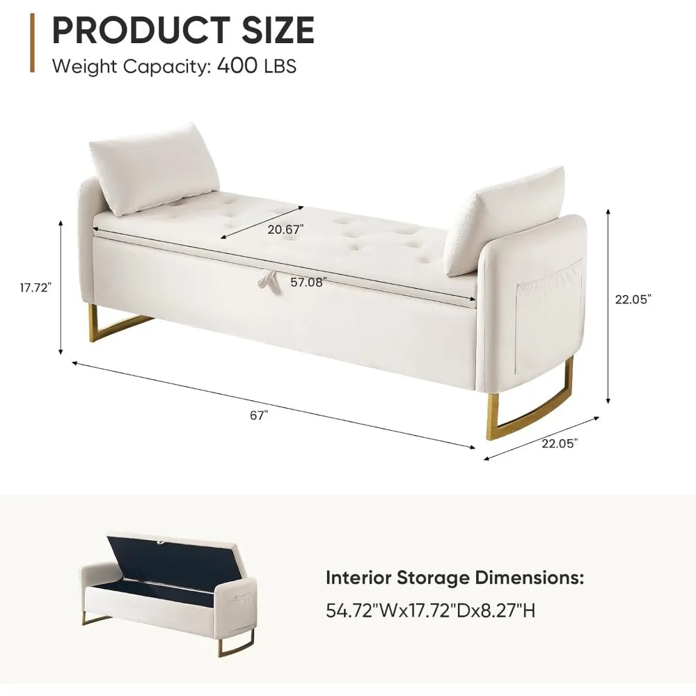 67" Storage Ottoman Bench, End of Bed King Size Bench | Tufted Button Upholstery with Gold Legs for Bedroom, Living Room
