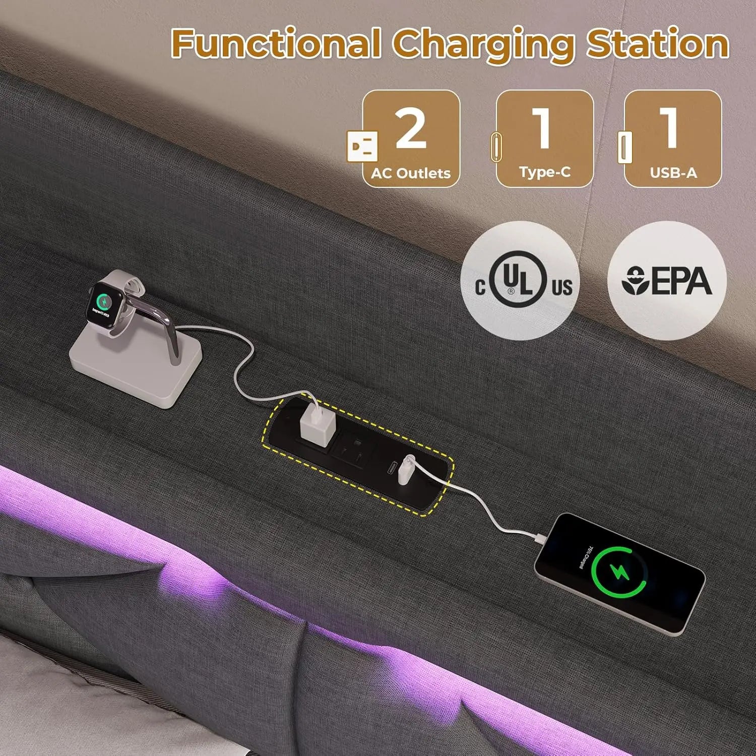 Floating Queen Bed Frame with Charging Station & Hidden Storage Headboard, RGB Floating Platform Bed Dark Grey