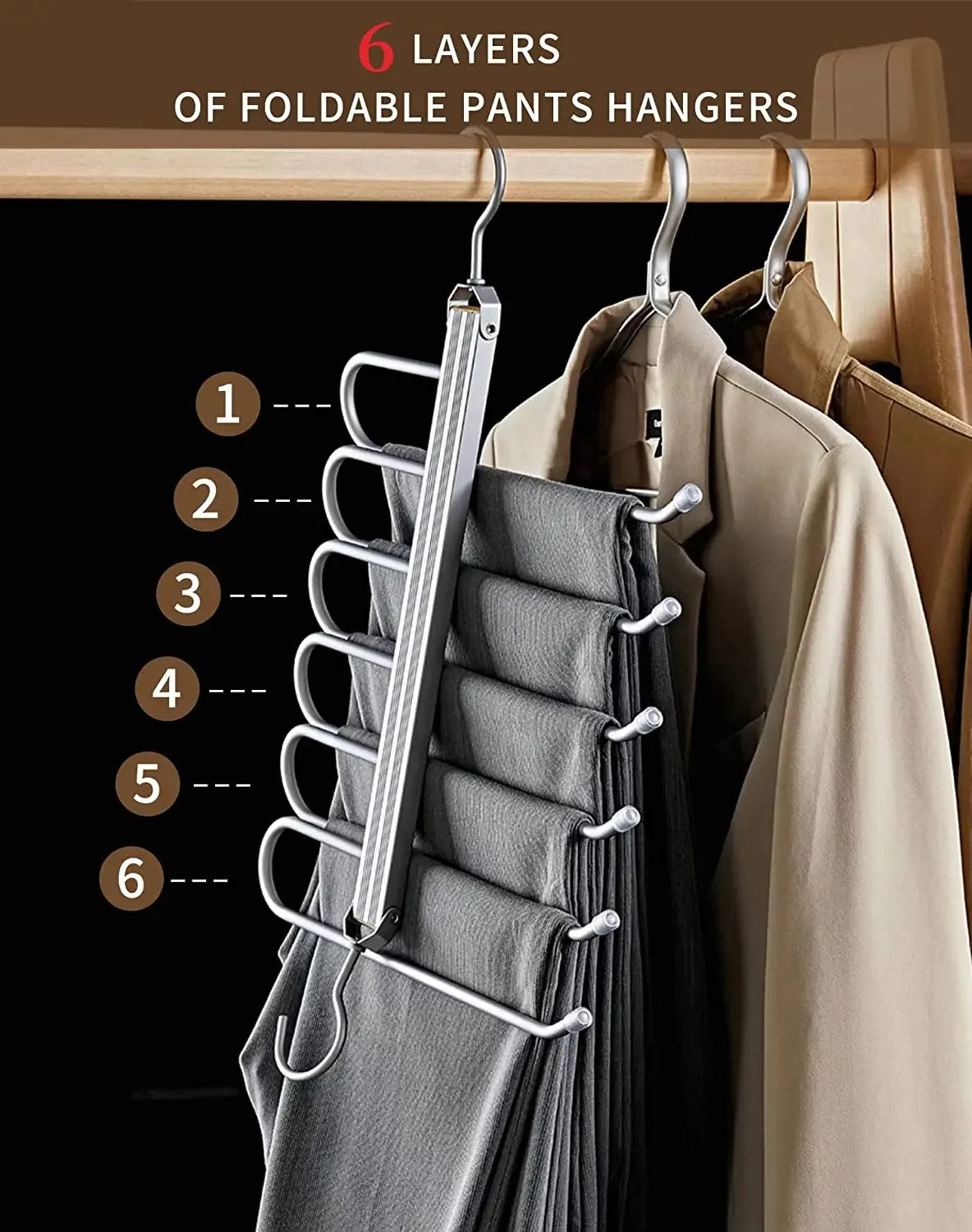 6 Layers Aluminum Pants Hangers,Space Saving Jean Scarf Organizer,Multi-Functional Closet Heavy Rack for Slacks Jeans Trousers