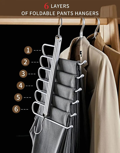 6 Layers Aluminum Pants Hangers,Space Saving Jean Scarf Organizer,Multi-Functional Closet Heavy Rack for Slacks Jeans Trousers