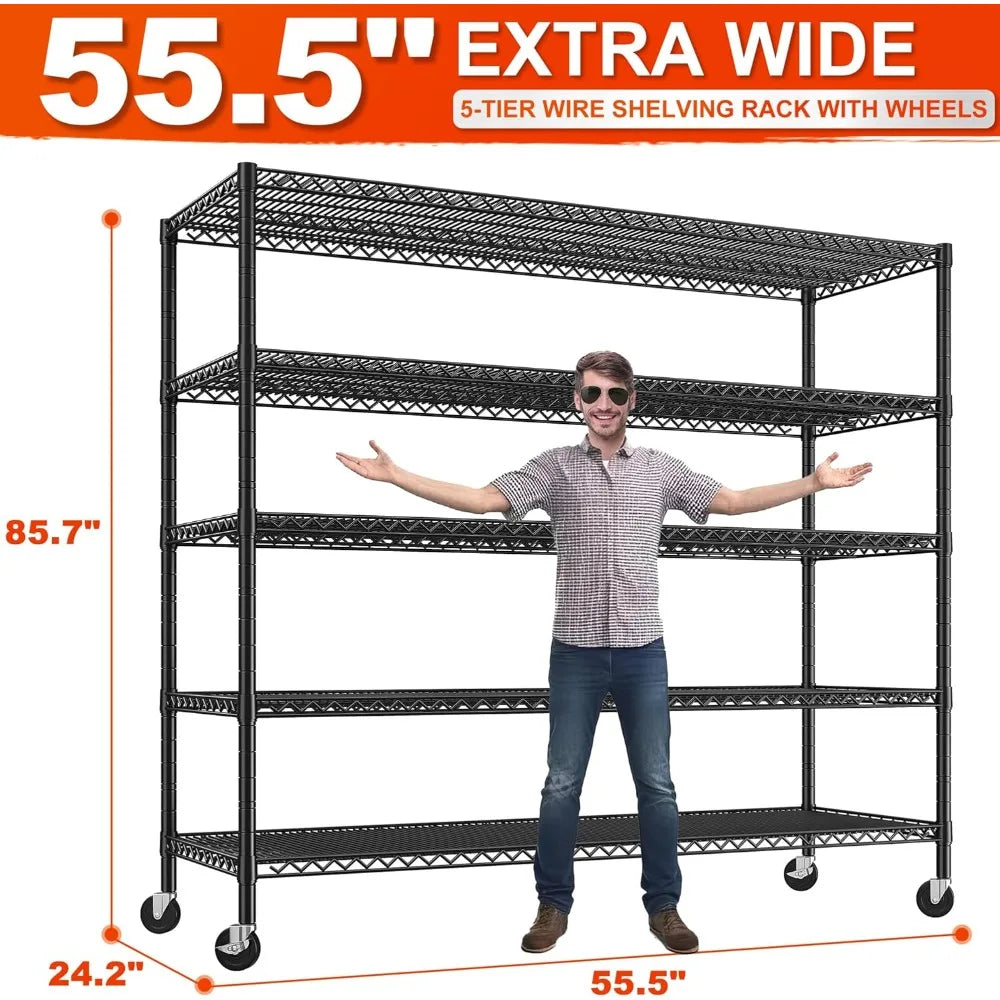 55.5''W Storage Shelves 3200LBS Wire Shelving Unit with Wheels 85.7" H Heavy Duty Shelving Rack 5-Tier Adjustable Storage Rack