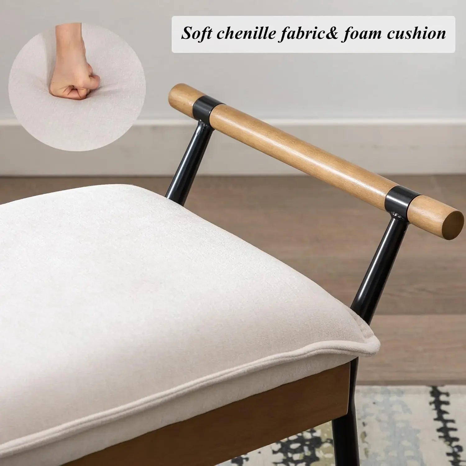 Retro Minimalist Chenille Fabric Dining Table Bench Footstool Entryway Shoe,Modern Rectangle Bench with Arms and Metal Legs