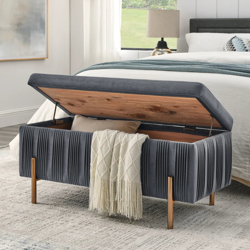 Upholstered Velvet Storage Bench with Cedar Wood Veneer, Large Storage,with Electroplate,for Hallway Living Room Bedroom,Grey.