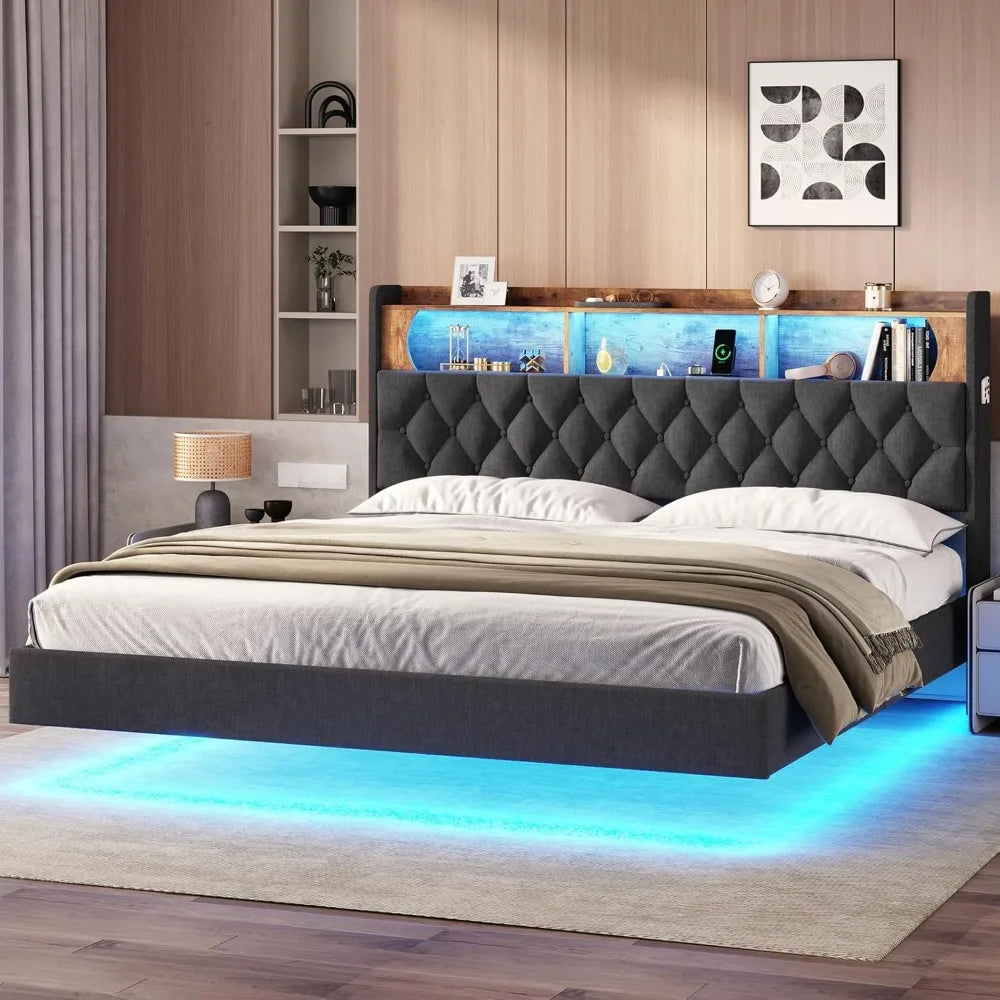 Bed Frame with Storage Headboard & LED Lights &Upholstered Headboard LED Floating Bed with USB-C/A Charging Station