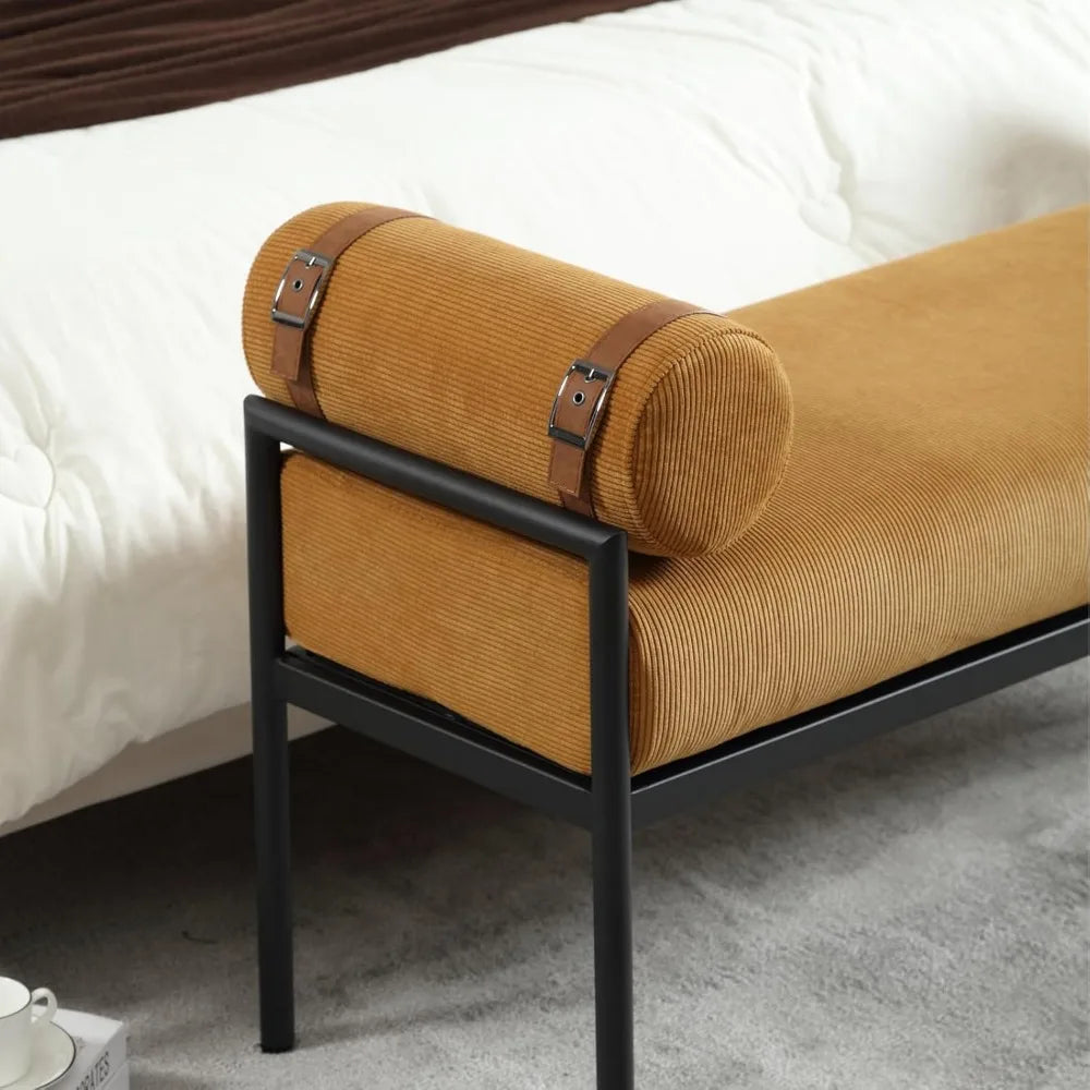 Modern 55" End of Bed Bench Long King Upholstered Chenille Ottoman Bench with Arms & Detachable Strappy Pillows for Bedroom Ent