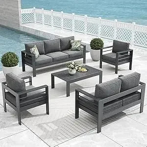 Modern 5 Pieces Aluminum Patio Furniture Set, Garden Furniture Sets, Conversation Sets Metal Sectional Sofa with Coffee Table