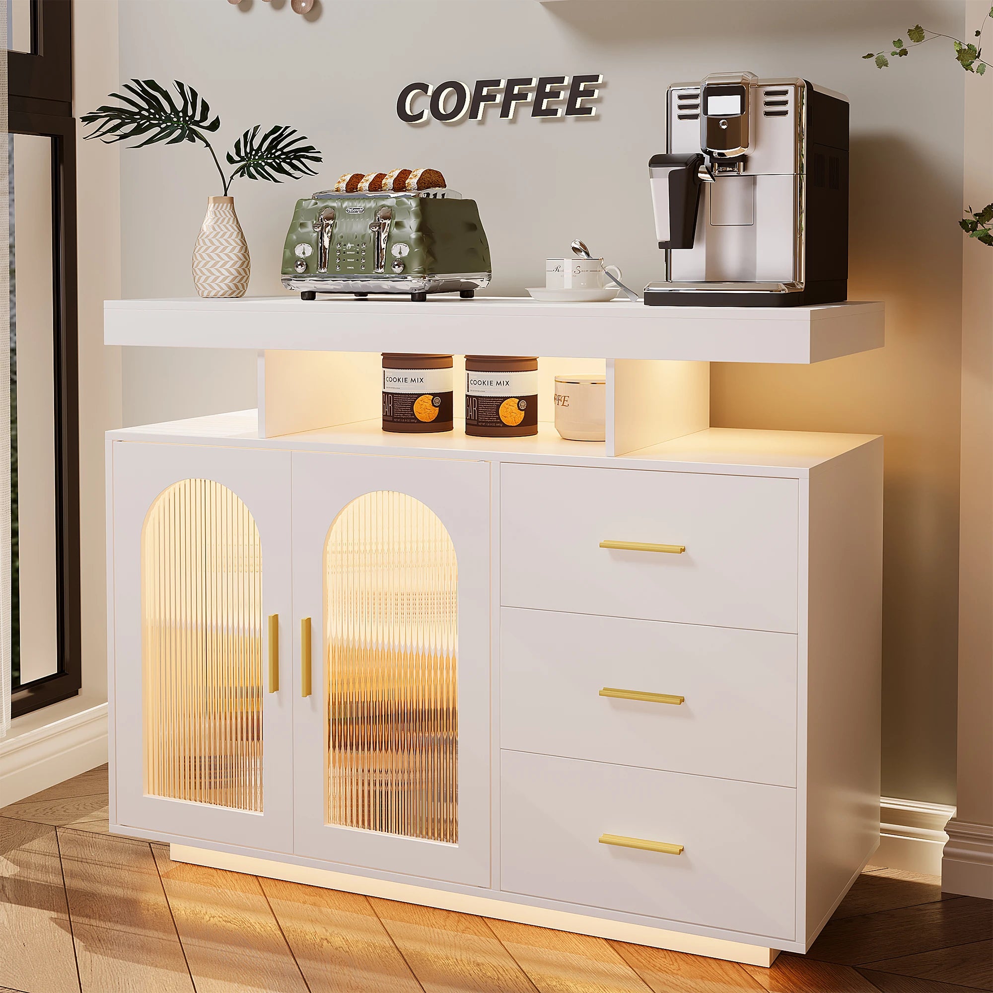 LED Buffet Cabinet 40”W with Wireless Charging Station,Auto Sensor RGB 20-Color Dimmable Sideboard