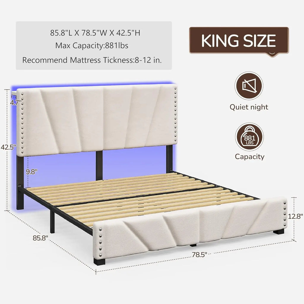 Velvet Headboard and LED Lights， Storage Headboard Platform Bed with Charging Station，King Size Bed Frame