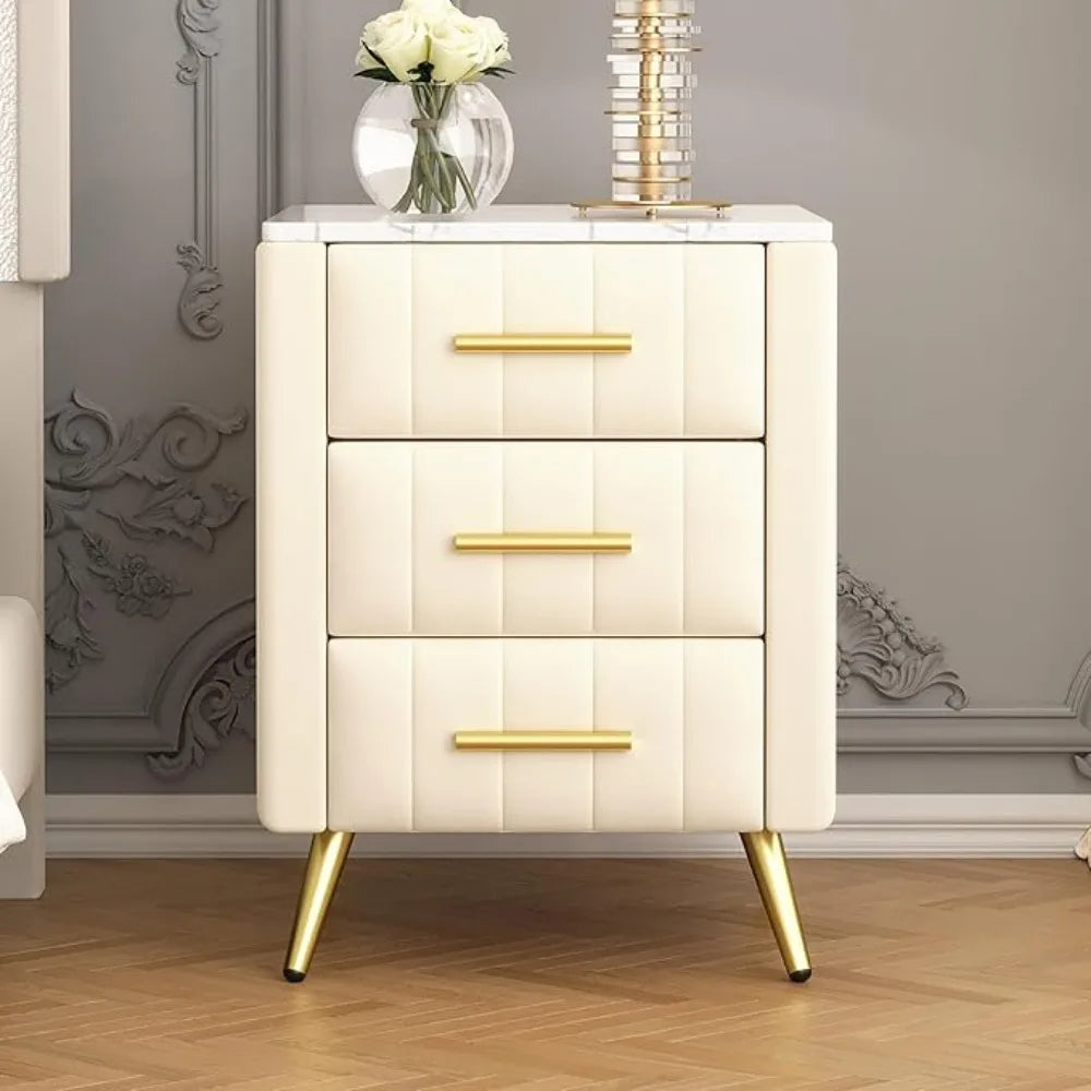 3-drawer Bedside Table with Metal Legs and Handles, Cushioned Bedside Table with Artificial Marble Countertop