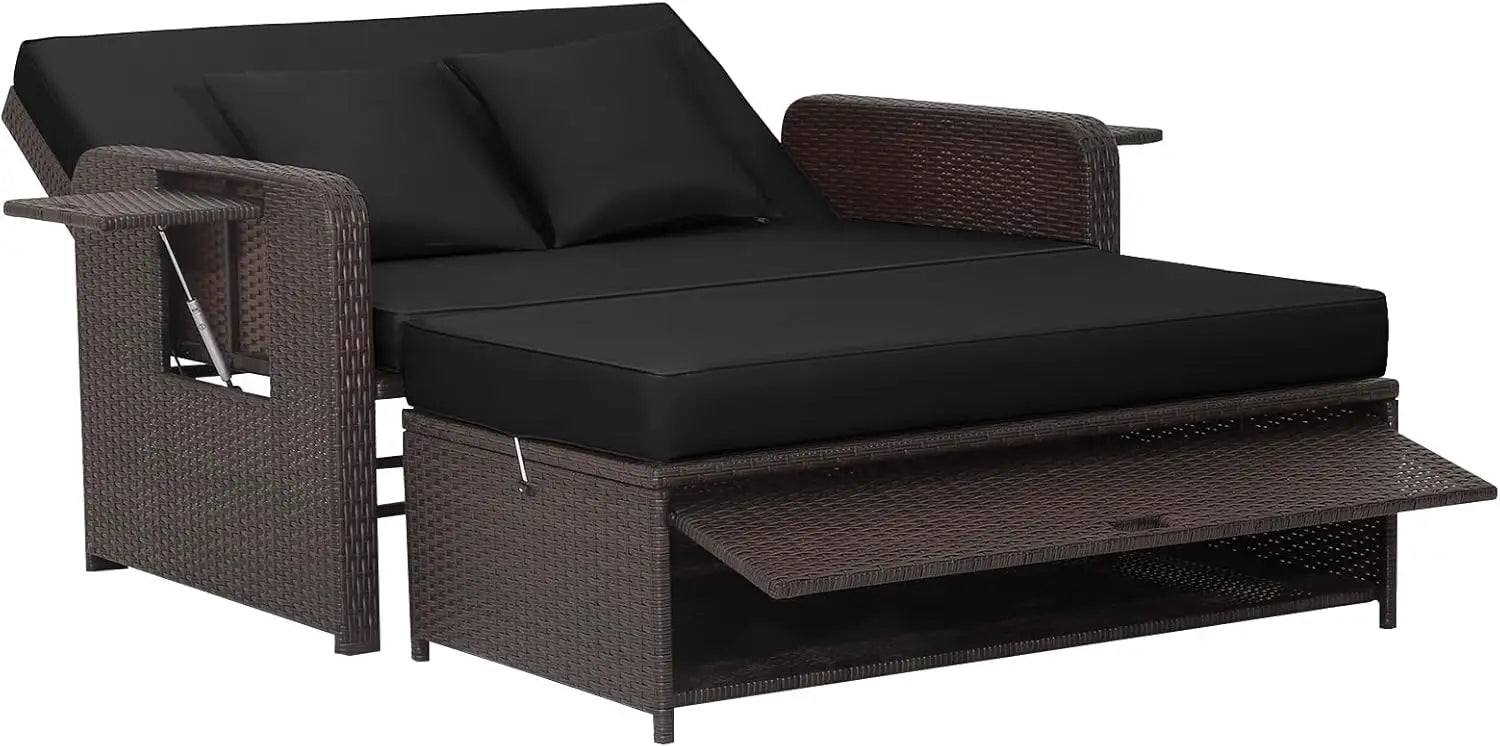 Patio Rattan Daybed Set, Wicker Loveseat Sofa w/Multipurpose Ottoman & Retractable Side Tray, 4-Level Adjustable Backrest