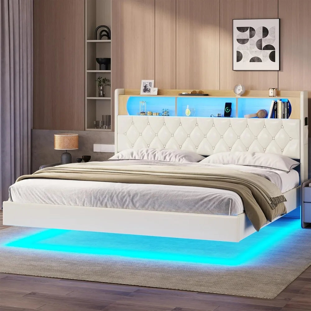 Bed Frame with Storage Headboard & LED Lights &Upholstered Headboard LED Floating Bed with USB-C/A Charging Station