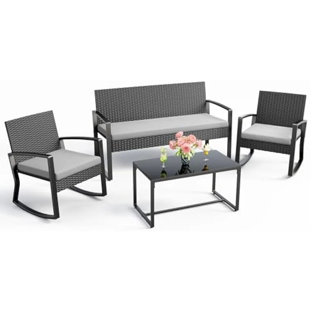 4 Piece Outdoor Patio Furniture Set, Wicker Patio Furniture with Glass Coffee Table, Rocking Wicker Bistro Set, for Backyard
