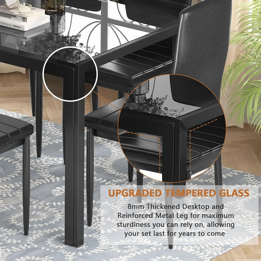 NEW 7 Piece Kitchen 6 Person, Tempered Glass Table and PU Leather Chairs Modern Dining Room Sets for Small Space, Black