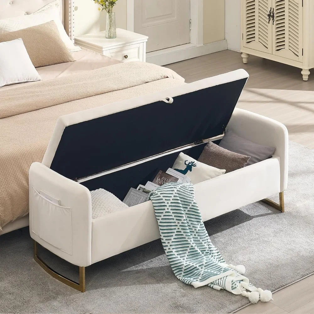 67" Storage Ottoman Bench, End of Bed King Size Bench | Tufted Button Upholstery with Gold Legs for Bedroom, Living Room