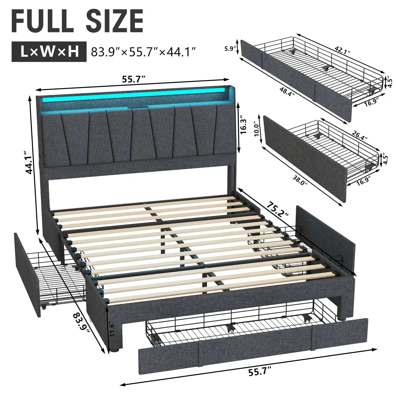 Vabches Queen Bed Frame with Storage Headboard&LED Lights Upholstered Platform Bed Frame with 3 Drawers&Power Outlet for Bedroom