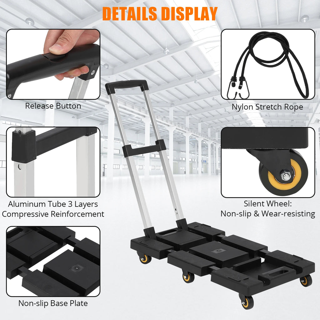 Folding Hand Truck 176 LB Capacity, Portable Collapsible Dolly with 6 Wheels & 2 Elastic Ropes, Plastic Base, Adjustable Handle