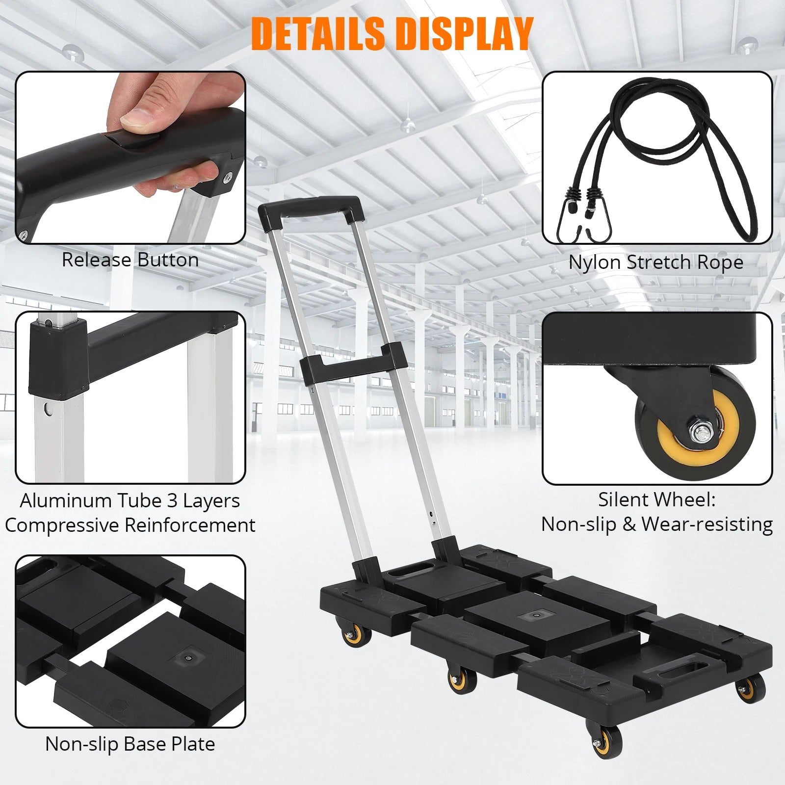 Folding Hand Truck 176 LB Capacity, Portable Collapsible Dolly with 6 Wheels & 2 Elastic Ropes, Plastic Base, Adjustable Handle