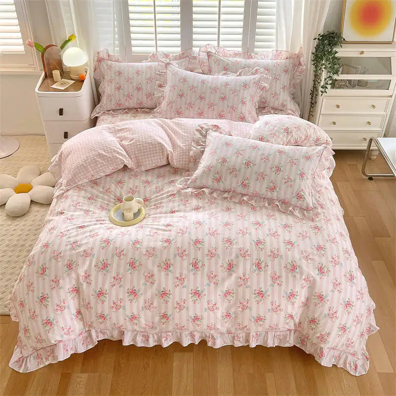 Bonenjoy Pink Color Duvet Cover with Ruffles 100%Cotton Flower Printed housse de couette for Girls Pure Cotton Bed Cover King