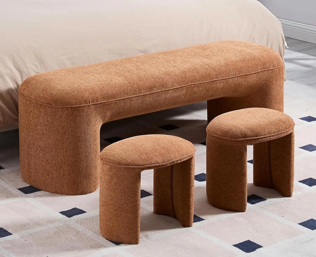 Ottoman Bench 53 Inch Long Bedroom Bench with 2 Small Stools Chenille Padded Entryway Bench Set of 3 Comfy Upholstered
