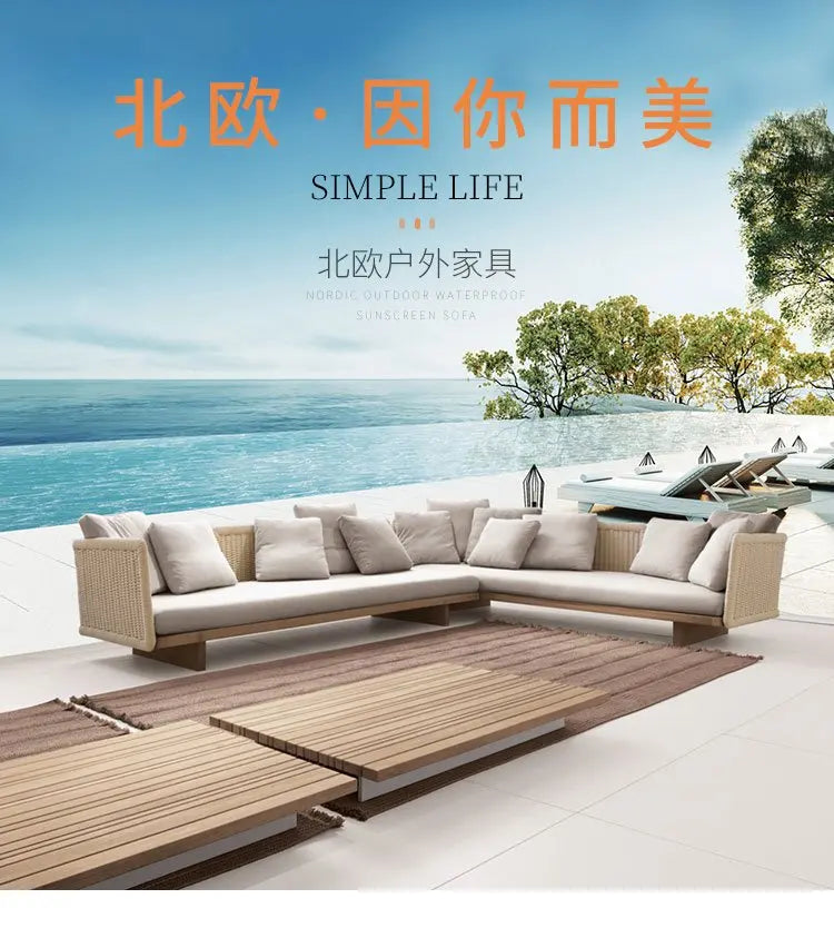 Nordic Waterproof Outdoor Sofa Hotel Courtyard Garden Terrace Sofa Teak Combination Tuinmeubelen Sets Living Room Furniture