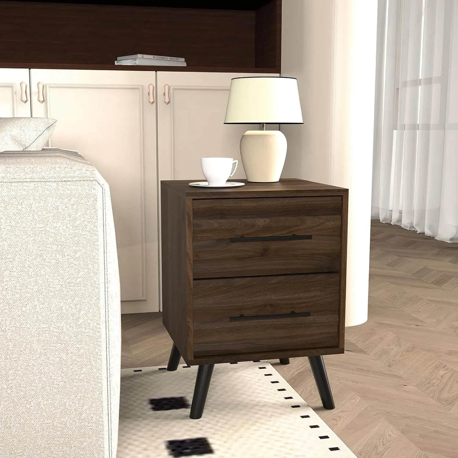 Night Stands, Fluted Nightstands with 2 Drawer Storage, Mid Century Bed Stands End Table, Large Bedside Table for Bedroom